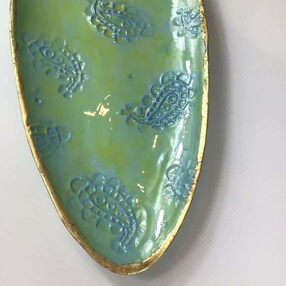 BRENDA HOLZKE STUDIOS B WARE MALIBU GREEN PAISLEY CERAMIC LARGE OVAL PLATTER - Picture 3 of 6